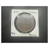 1837 Quebec Large Cent - LC912 Variety, Rarer No Period, Rarer Medal Alignment Variety