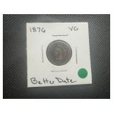 1876 Better Date VB 1876 Indian Head Penny. Authentic Patina, VG