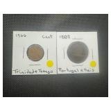 (2) Tougher Find World Coins. 1883 Portugal X REIS and 1966 Trinidad & Tobago Penny, Both Average Circulation