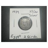1939 Scarce XF/AU Silver Egypt 2 Qirsh. 500K minted but few know to remain.