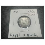 1939 Scarce XF/AU Silver Egypt 2 Qirsh. 500K minted but few know to remain.