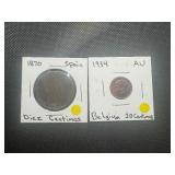 1870 Spanish Diez Centimos and AU 1954 Belgian 20 Centimes