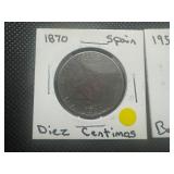 1870 Spanish Diez Centimos and AU 1954 Belgian 20 Centimes