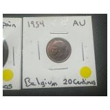 1870 Spanish Diez Centimos and AU 1954 Belgian 20 Centimes