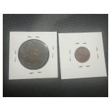 1870 Spanish Diez Centimos and AU 1954 Belgian 20 Centimes