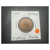 1955 AU+ Red Cyprus 5 Mils. Very slightly wear, beautiful coin.