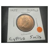 1955 AU+ Red Cyprus 5 Mils. Very slightly wear, beautiful coin.