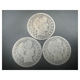 (3) Circulated Barber Half Dollar, 1894O, 1899, 1908D