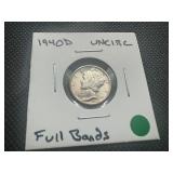 1940 D Uncirculated Mercury Dime. Satin Luster, Full Bands, Near FSB, Problem Free.