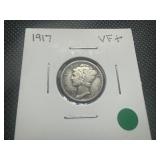 1917 Better Date VF+ Mercury Dime. Rich, Authentic Patina. Great Character.