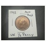 1943 Wartime UK 1/2 Penny AU+/Red. Full mint luster, lightly circulated.