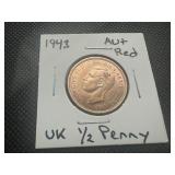 1943 Wartime UK 1/2 Penny AU+/Red. Full mint luster, lightly circulated.