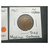 (2) AU/MS World Coins. 1936 MS Red San Marino 5 Centersimi and 1967 AU Mexican Diez Centavos.