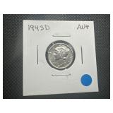 1943 D Au+ 1943 D Mercury Dime. Full mint luster. Full bands. Near FSB, No rim dings. Uncleaned. Problem Free.