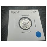 1943 D Au+ 1943 D Mercury Dime. Full mint luster. Full bands. Near FSB, No rim dings. Uncleaned. Problem Free.