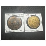 (2) Older Even Tokens. Both in excellent condition. The 1958 Fosston Centennial is a tough find.