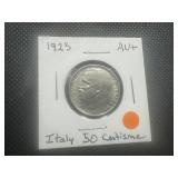 1925 AU+ Italian 50 Centisme. Very lightly circulated. Satin luster and gorgeous engraving.