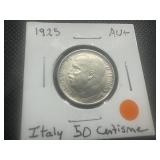 1925 AU+ Italian 50 Centisme. Very lightly circulated. Satin luster and gorgeous engraving.
