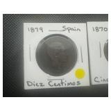 (2) 19th Century Spanish Coins. 1870 Cinco and 1979 Diez Centimos