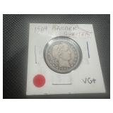 1904 VG+ Barber Quarter. Problem free, striking patina.