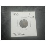 1853 Half Dime W/Arrows - Fine. Uncleaned and problem free.