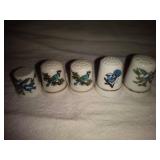 5 Ceramic Bird Thimbles: All Blue Birds