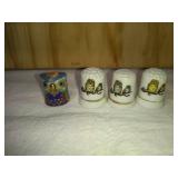Cloisonne Owl and 3 Ceramic Owl Thimbles