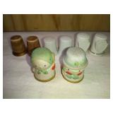 Enesco Sno-men and Six Plain Ceramic Thimbles