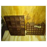 4 Thimble Displays: Natural Wood Display, Two Brown Displays and Thimble Vile House