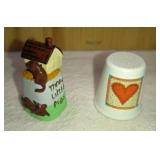 Three Little Pigs Pewter with Hinged House and Metal Heart "Sew Many QuiltsSew Little Time" Thimbles