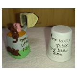Three Little Pigs Pewter with Hinged House and Metal Heart "Sew Many QuiltsSew Little Time" Thimbles