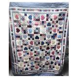 Nine Square with Hearts Quilt Hand Stitched. Twin 64" X 84"