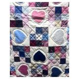 Nine Square with Hearts Quilt Hand Stitched. Twin 64" X 84"