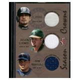 RARE Ichiro Suzuki / Ivan Rodriguez / Jason Giambi /100 Triple Relic 2002 Fleer Season Crowns Numbered 020/100 Baseball Card