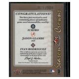 RARE Ichiro Suzuki / Ivan Rodriguez / Jason Giambi /100 Triple Relic 2002 Fleer Season Crowns Numbered 020/100 Baseball Card