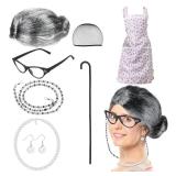 Brand New Grandma Old Lady Costume with Wig, Cane, Glasses and more