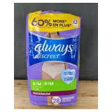28 Brand New Always Discreet Maximum Underwear, Size 2-14 - S/M