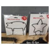 7 Brand New BBQ Grill Accessories - Brushes, Bottle, Hooks, Pig Out Sign