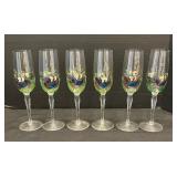 Set of Six Floral Accented Champagne Flutes
