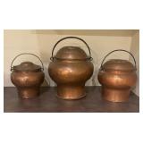 Three Vintage Copper Vessels with Lids