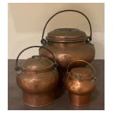 Set of 3 Vintage Hammered Copper Pots with Handles and Lids