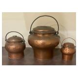 Set of 3 Vintage Hammered Copper Pots with Handles and Lids