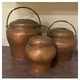 Set of 3 Vintage Hammered Copper Pots with Handles and Lids