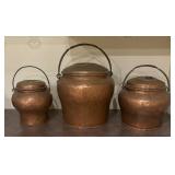 Set of 3 Vintage Hammered Copper Pots with Handles and Lids