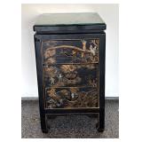 Vintage Asian Style Black Lacquered Chest with Painted Scenes, 3 Drawers