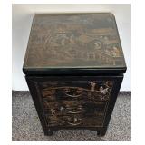 Vintage Asian Style Black Lacquered Chest with Painted Scenes, 3 Drawers