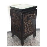 Vintage Asian Style Black Lacquered Chest with Painted Scenes, 3 Drawers