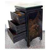 Vintage Asian Style Black Lacquered Chest with Painted Scenes, 3 Drawers