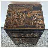 Vintage Asian Style Black Lacquered Chest with Painted Scenes, 3 Drawers