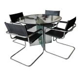 Modern Glass Round Dining Table with 4 Black Metal Chairs